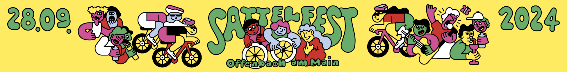 Titelbild Sattelfest: Schriftzug Sattelfest mit Illustration von Menschen die Musizieren, Essen, Trinken, Fahrradreparatur und Fahrradtour